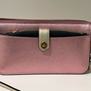 Coach Noa pop-up messenger in color lock. Pink metallic clutch wallet crossbody